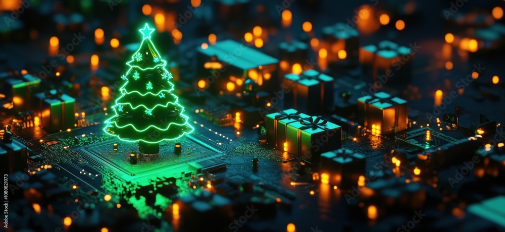 Christmas tree glowing on circuit board, festive lights illuminating gifts, technology meets holiday spirit Christmas tree glowing on circuit board, festive lights illuminating gifts, technology meets holiday spirit