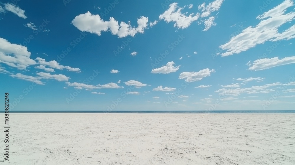 Tranquil Seascape with Expansive Sandy Beach and Clear Blue Sky Featuring White Clouds Above Calm Ocean Waters on a Bright Sunny Day Tranquil Seascape with Expansive Sandy Beach and Clear Blue Sky Featuring White Clouds Above Calm Ocean Waters on a Bright Sunny Day
