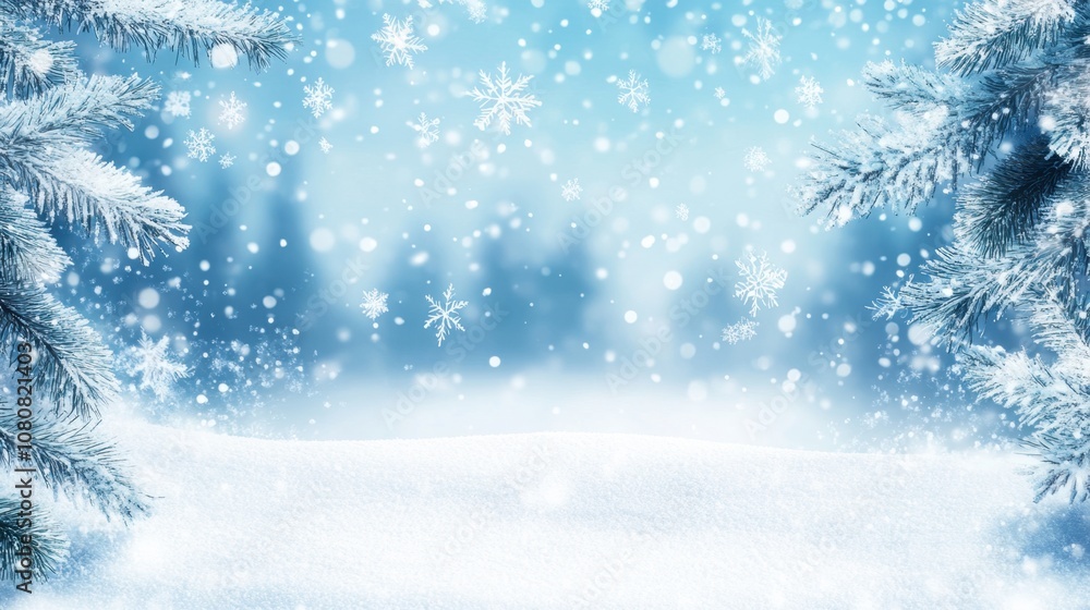 Beautiful winter landscape with falling snowflakes, frosted evergreen trees, and a serene snowy ground creating a peaceful and magical seasonal atmosphere. Beautiful winter landscape with falling snowflakes, frosted evergreen trees, and a serene snowy ground creating a peaceful and magical seasonal atmosphere.