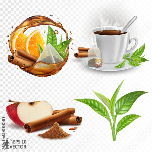 Vector set of natural organic tea, sprout isolated. Citrus aroma. Spicy drink with apple, orange and cinnamon flavors. Realistic transparent tea splash. 3D food illustration, packaging design element