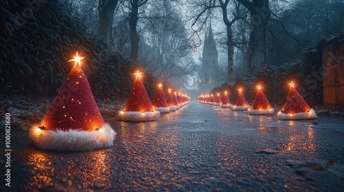 Enchanted pathway of illuminated santa hats in mystical winter forest