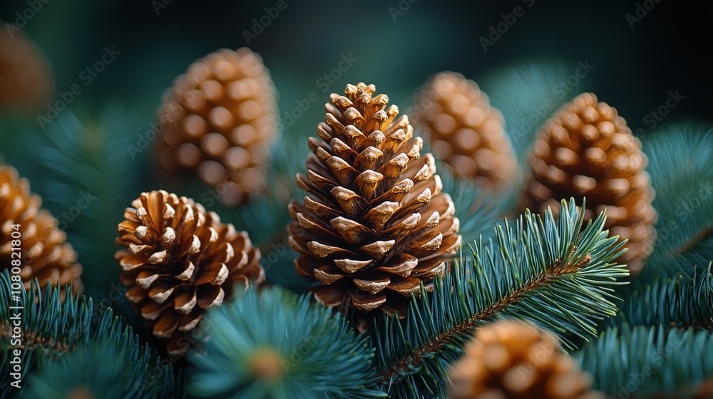 Fototapeta premium Close-up of pine cones on evergreen branches in a forest setting