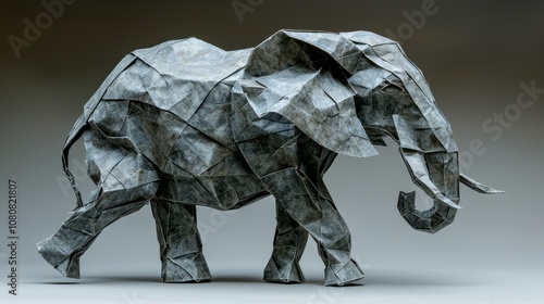 A stunning gray origami elephant stands proudly, highlighting the intricate folds of the paper and capturing the beauty of the crafted design photo