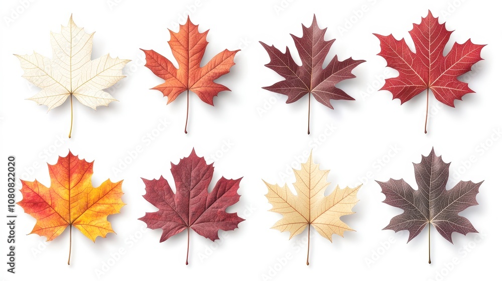 Colorful autumn leaves arranged in a pleasing pattern against a white background, showcasing various hues of red, orange, and yellow, Ideal for seasonal themes, nature projects, or decor, Colorful autumn leaves arranged in a pleasing pattern against a white background, showcasing various hues of red, orange, and yellow, Ideal for seasonal themes, nature projects, or decor,