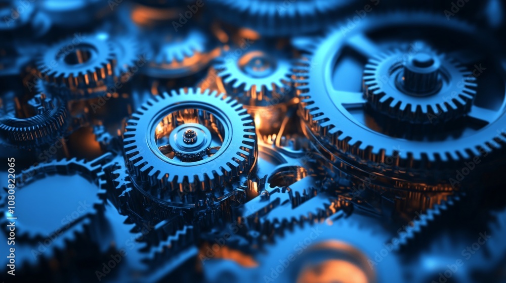 Interlocking gears rotating in complex mechanism with blue and orange lighting Interlocking gears rotating in complex mechanism with blue and orange lighting