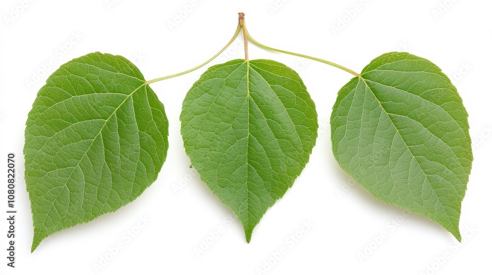Fototapeta premium A close-up of three green leaves showcasing their intricate textures, suitable for nature-themed projects, eco-friendly campaigns, or as a background in designs promoting sustainability,