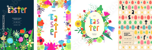 Happy Easter holiday party or sale promo poster set. Colorful Paschal eggs and floral pattern. Traditional spring religious Passover celebration print. Bright flowers festive modern frame placard. Eps