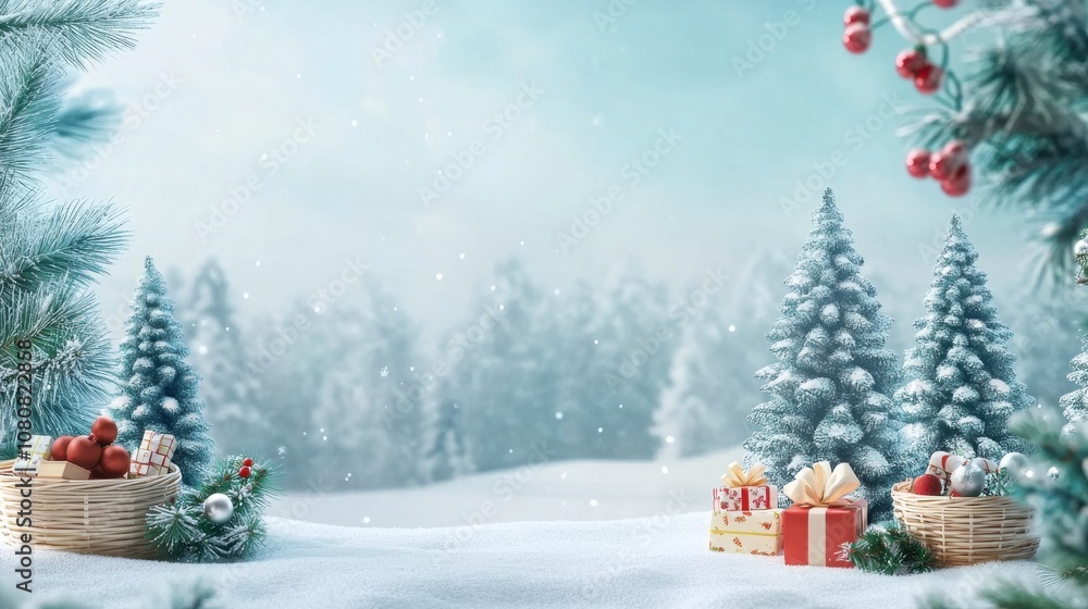 Obraz premium Christmas Sale with Snowy Trees and Gift Baskets