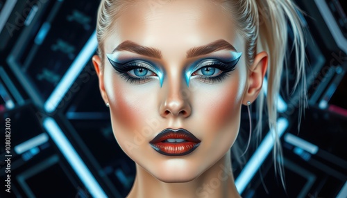 Futuristic Glamour: Stunning Beauty Portrait with Bold Makeup and Illuminating Colors