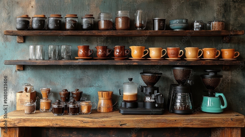 Coffee setup with jars, cups, and brewing equipment on display. Coffee setup with jars, cups, and brewing equipment on display.