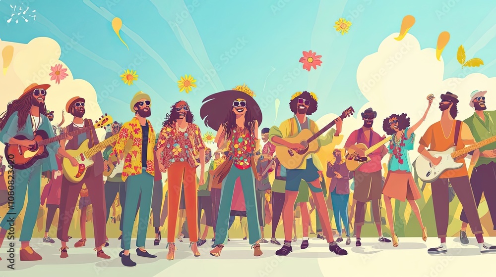 Fototapeta premium A group of people, some with guitars, wearing colorful clothing and sunglasses, smiling and standing under a blue sky with flowers and clouds.
