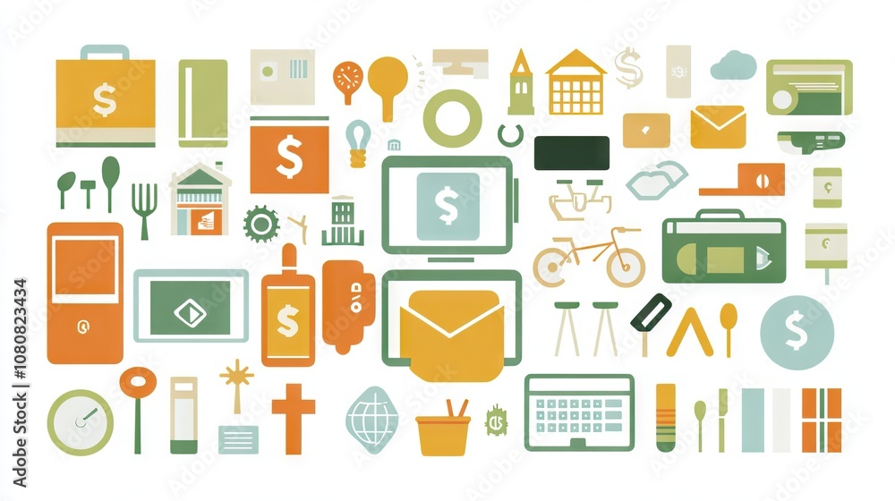 Diverse Collection of Icons Representing Finance, Communication, Nature, and Everyday Objects in a Colorful, Modern Design for Creative Projects and Marketing Use Diverse Collection of Icons Representing Finance, Communication, Nature, and Everyday Objects in a Colorful, Modern Design for Creative Projects and Marketing Use