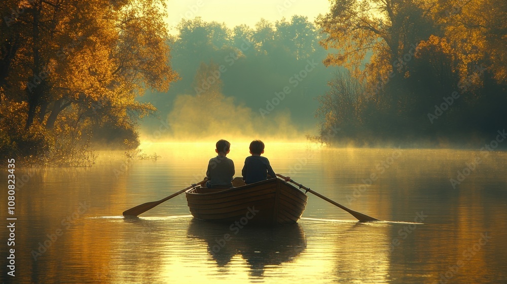 Two people in a boat on a misty river surrounded by autumn trees. Two people in a boat on a misty river surrounded by autumn trees.