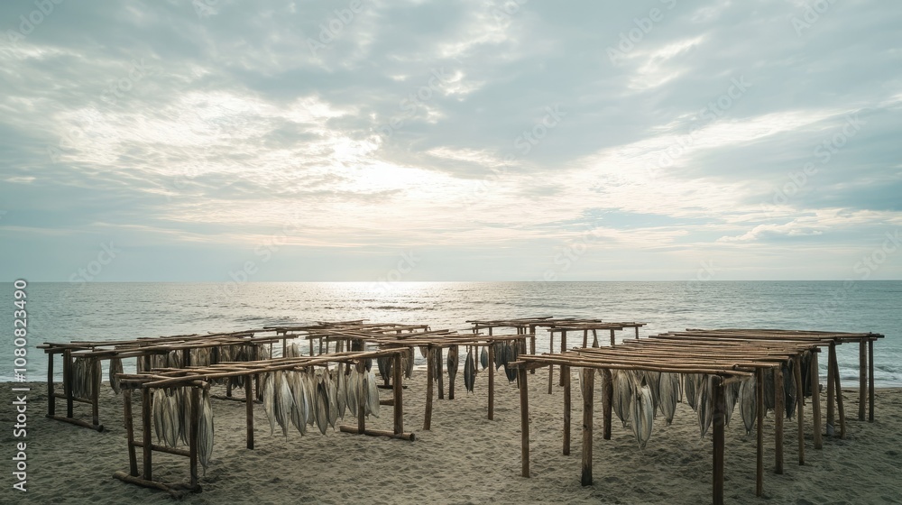 Fish drying on wooden frames set up along a quiet beach, clouds drifting over the ocean Fish drying on wooden frames set up along a quiet beach, clouds drifting over the ocean