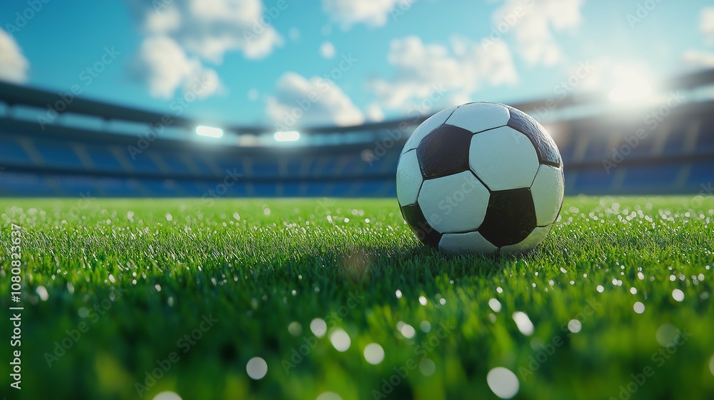 Fototapeta premium A Close-Up View of a Black and White Soccer Ball Resting on a Lush Green Field Under a Clear Blue Sky with Bright Sunlight Illuminating a Stadium in the Background