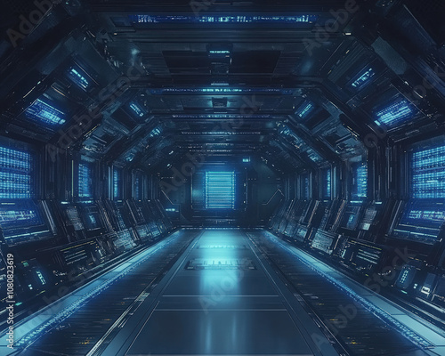 Massive futuristic server room with glowing blue lights and advanced technology, creating high tech atmosphere. Ideal for sci fi themes and digital environments