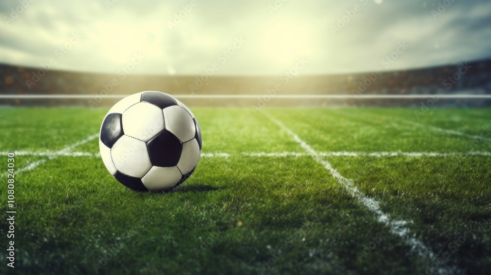 Fototapeta premium Classic soccer ball, typical black and white pattern, placed on the white marking line of the stadium turf. Traditional football ball on the green grass lawn with copy space