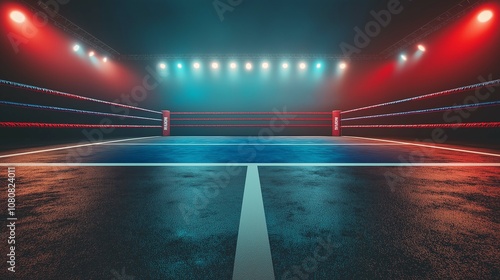 Dramatic and Modern Boxing Arena with Bright Lights and Colorful Ropes, Perfect for Action Shots and Sports-Themed Projects