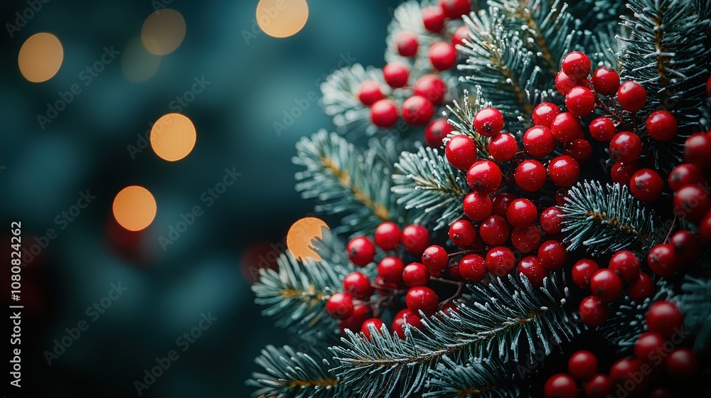 Festive holiday fir branches with red berries and bokeh lights in a winter scene Festive holiday fir branches with red berries and bokeh lights in a winter scene