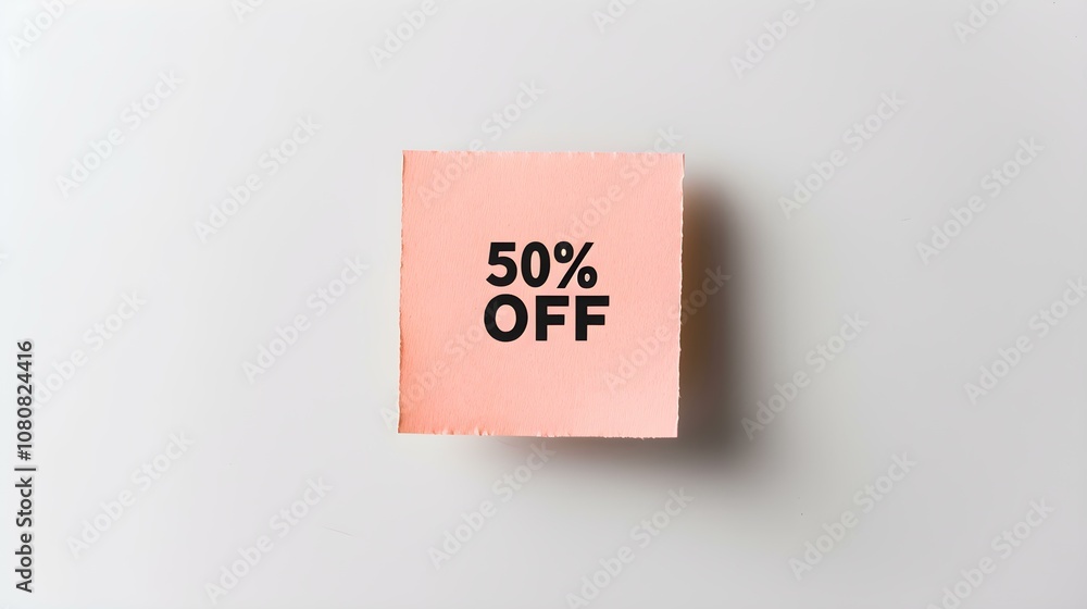 Black '50% OFF' Text on a Peach Fuzz Square Paper Note. White Background with Copy Space Black '50% OFF' Text on a Peach Fuzz Square Paper Note. White Background with Copy Space