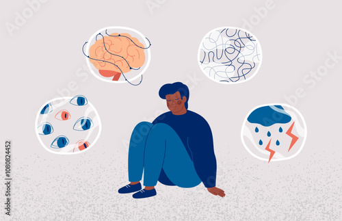Alzheimer's Disease. African american young man surrounded by symptoms of Dementia: concentration issues, brain fog, depression, hallucination. Alzheimer's Disease awareness concept. Vector