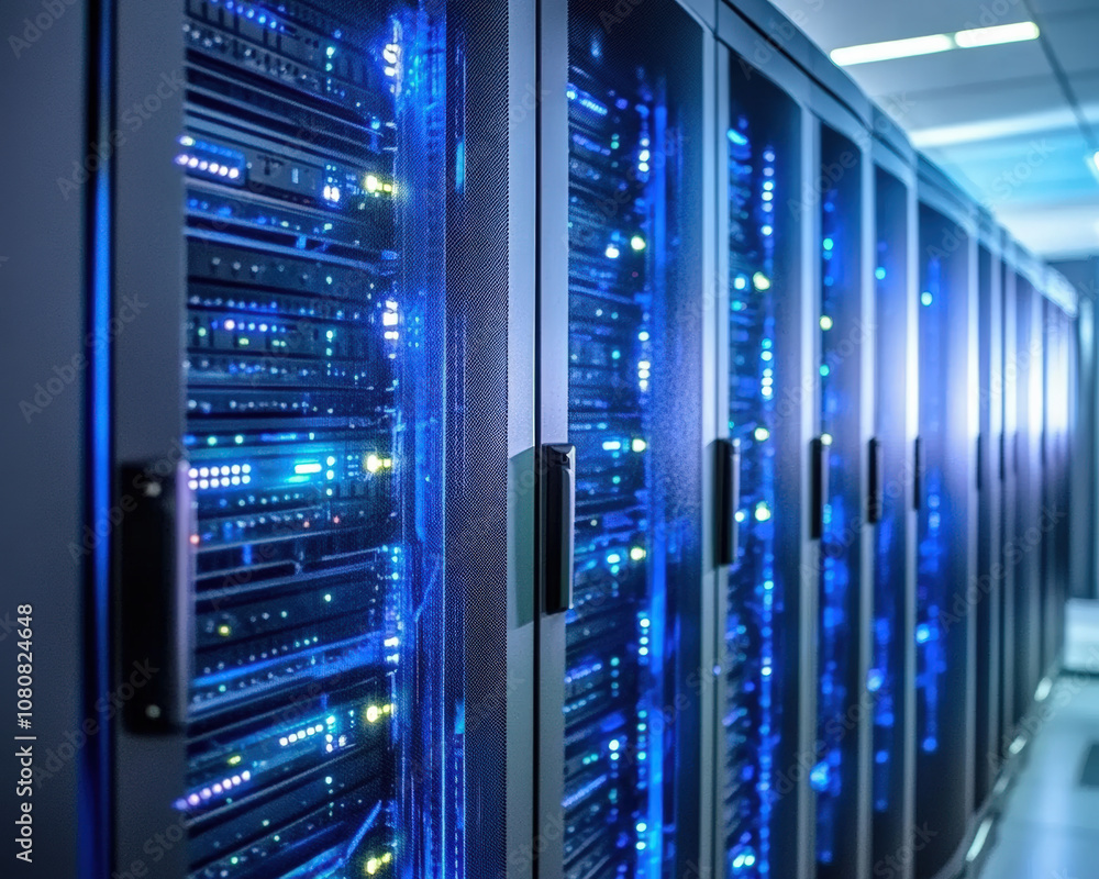 futuristic server room filled with high tech servers and blue lights, showcasing advanced technology and sleek design. atmosphere is modern and efficient futuristic server room filled with high tech servers and blue lights, showcasing advanced technology and sleek design. atmosphere is modern and efficient