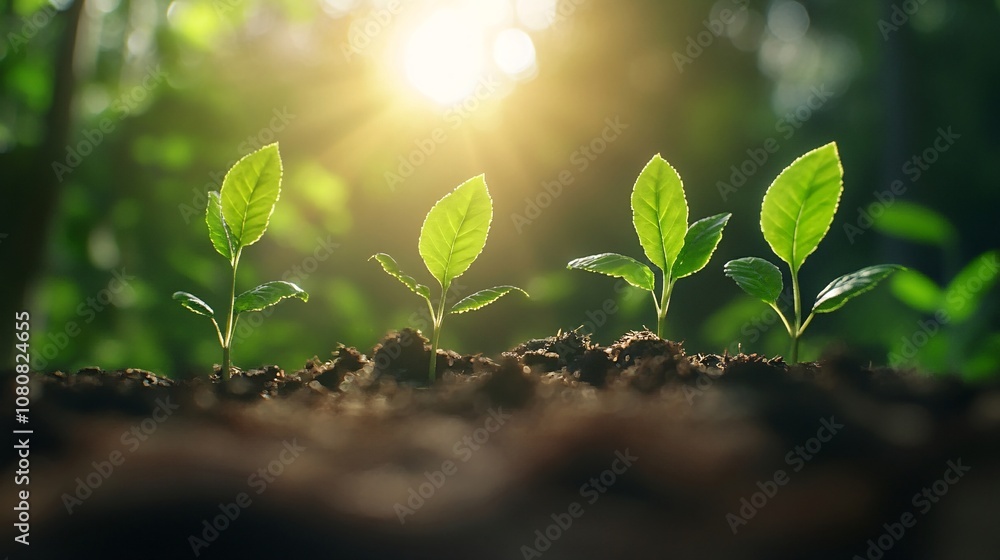 Four seedlings growing from dark soil at sunset Four seedlings growing from dark soil at sunset