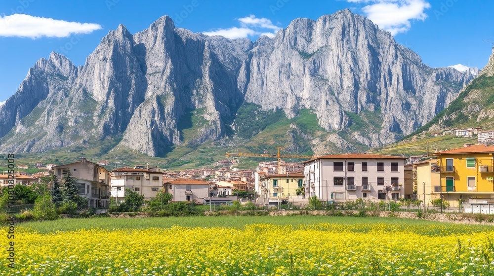 Fototapeta premium Scenic view of majestic mountains towering over a picturesque village with vibrant yellow flowers in the foreground under a clear blue sky in a tranquil countryside setting.
