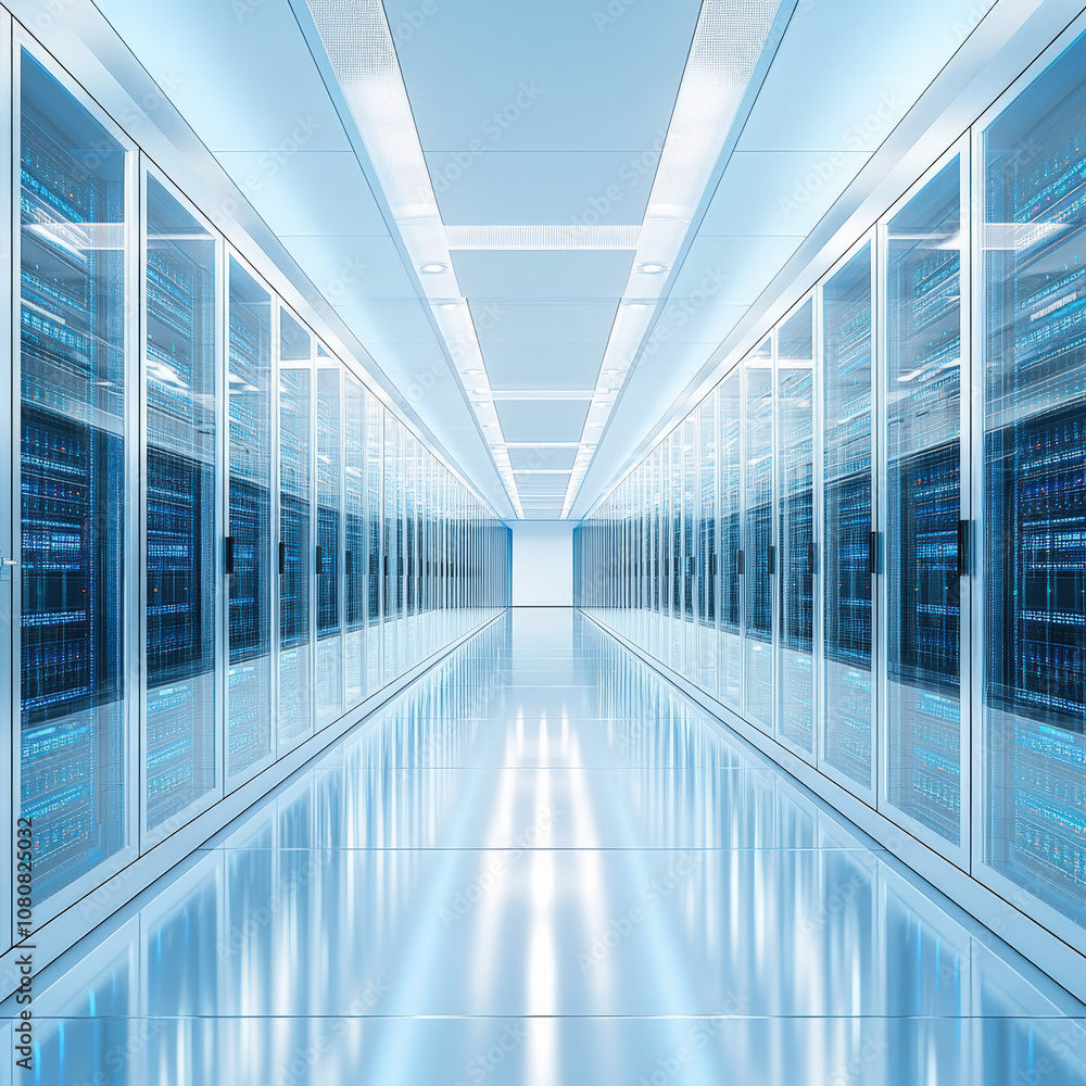 Sleek, minimalist data center with rows of servers and bright lighting, creating futuristic atmosphere. reflective floor enhances modern design Sleek, minimalist data center with rows of servers and bright lighting, creating futuristic atmosphere. reflective floor enhances modern design