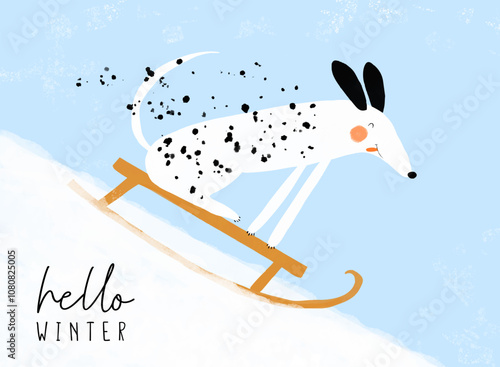 Cute Dog Sledding Down The Hill. Happy Dalmatian on a Blue Background. Nursery Art with Funny Dog in Winter. Kids' Room Decoration.Nursery Vector Print with Dalmatian Dog Losing Spots While Sledding. 