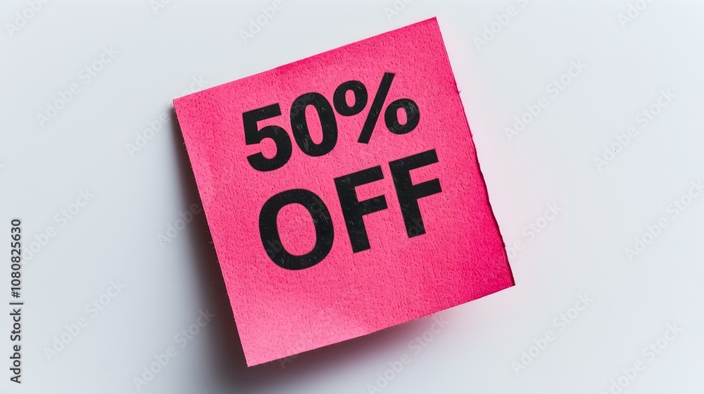 Black '50% OFF' Text on a Pink Square Paper Note. White Background with Copy Space Black '50% OFF' Text on a Pink Square Paper Note. White Background with Copy Space
