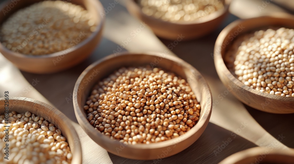 Assortment of Organic Grains in Wooden Bowls for Culinary Use and Home Decor. Generative ai Assortment of Organic Grains in Wooden Bowls for Culinary Use and Home Decor. Generative ai