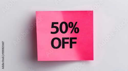 Black '50% OFF' Text on a Pink Square Paper Note. White Background with Copy Space