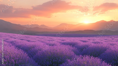 Lavender Field at Sunset with Mountain View