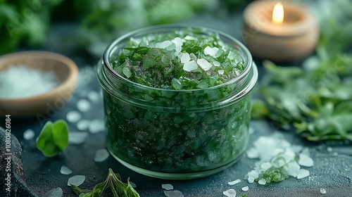 Refreshing Green Sea Salt Scrub in Glass Jar with Natural Ingredients and Soft Candle Light for Relaxing Home Spa Experience