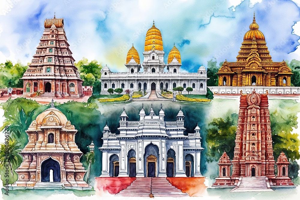 Fototapeta premium Stunning Watercolor Artwork of Iconic Tamil Nadu Landmarks for Recognition Ceremony