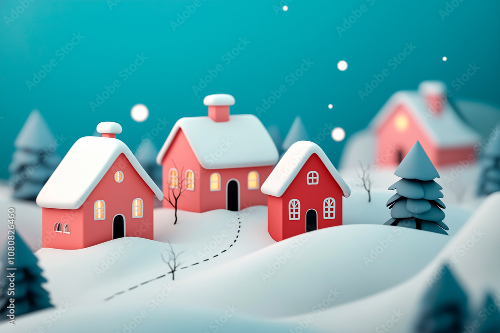 Naklejka premium 3d christmas town, winter trees and houses