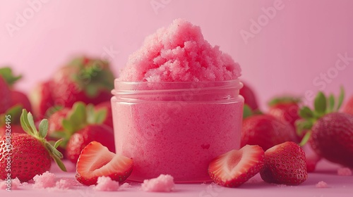 Fresh and Vibrant Strawberry Sugar Scrub in a Clear Jar Surrounded by Juicy Strawberries on a Soft Pink Background, Perfect for Beauty and Skincare Products