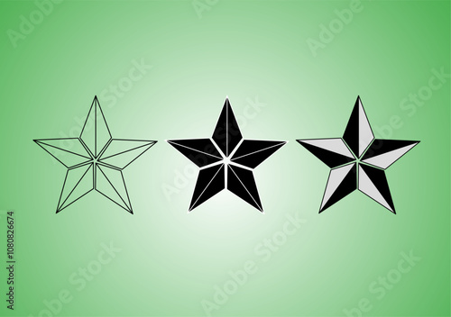 Minimalist Icons Black and White Vector,Green Gradient Background Symmetrical, Design Illustration
Outlined, Solid, and Shaded Star Set