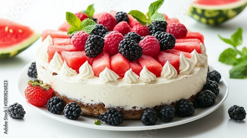 Delicious Fresh Fruit Cake with Watermelon, Berries, and Cream Topping on a White Plate Surrounded by Colorful Fruit on a Bright Background