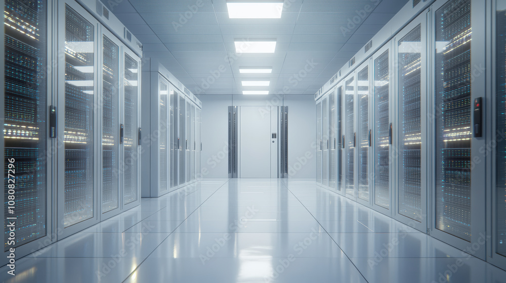 Futuristic data center with rows of servers, sleek design, and bright lighting creates high tech atmosphere. Ideal for technology and innovation themes Futuristic data center with rows of servers, sleek design, and bright lighting creates high tech atmosphere. Ideal for technology and innovation themes