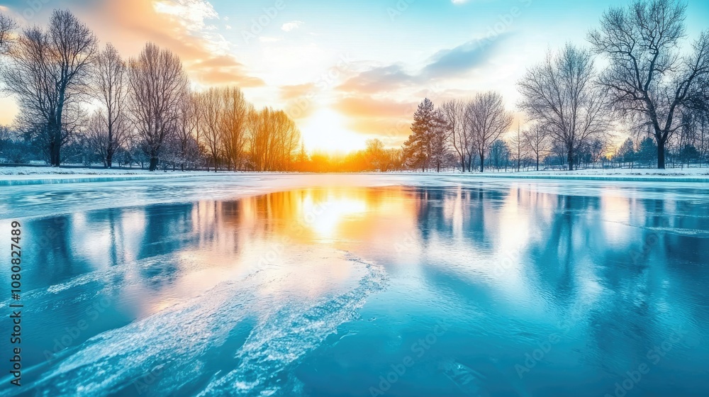 Serene Winter Sunset Over Frozen Lake with Reflective Surface and Silhouetted Trees in a Beautiful Natural Landscape Serene Winter Sunset Over Frozen Lake with Reflective Surface and Silhouetted Trees in a Beautiful Natural Landscape