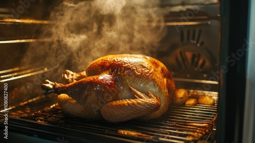 Golden brown turkey roasting in the oven, with hints of steam and warmth emanating from the door photo