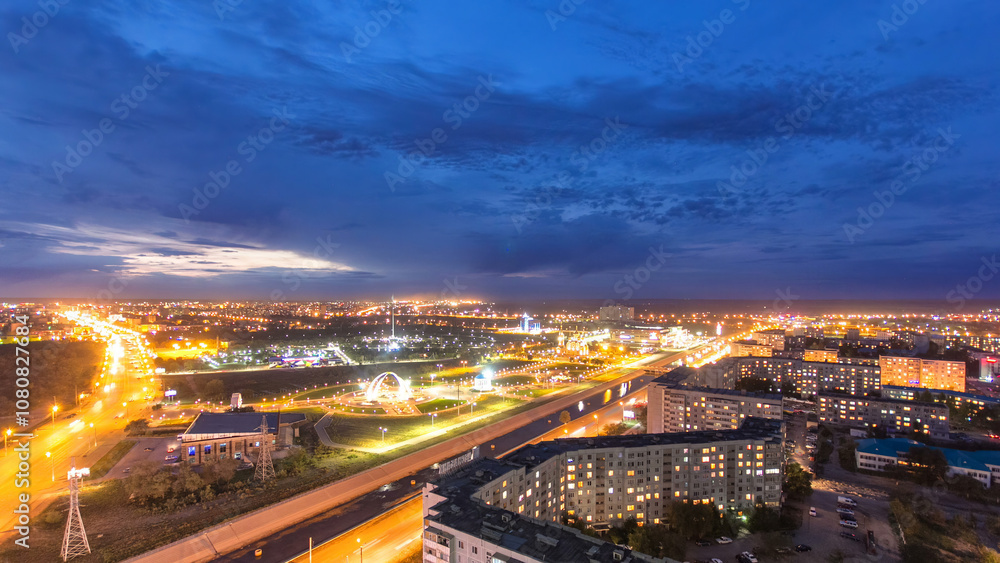 Fototapeta premium Park named after the First President of the Republic of Kazakhstan in the city of Aktobe day to night timelapse. Western Kazakhstan.