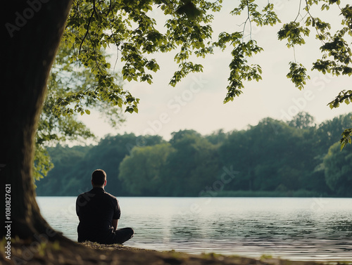 Individual sitting by a calm lake reflecting on life