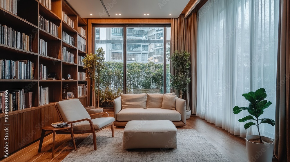 Fototapeta premium A cozy, modern living space with a bookshelf, a comfortable sofa, and large windows letting in natural light.