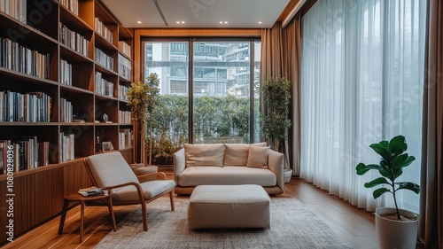 A cozy  modern living space with a bookshelf  a comfortable sofa  and large windows letting in natural light.