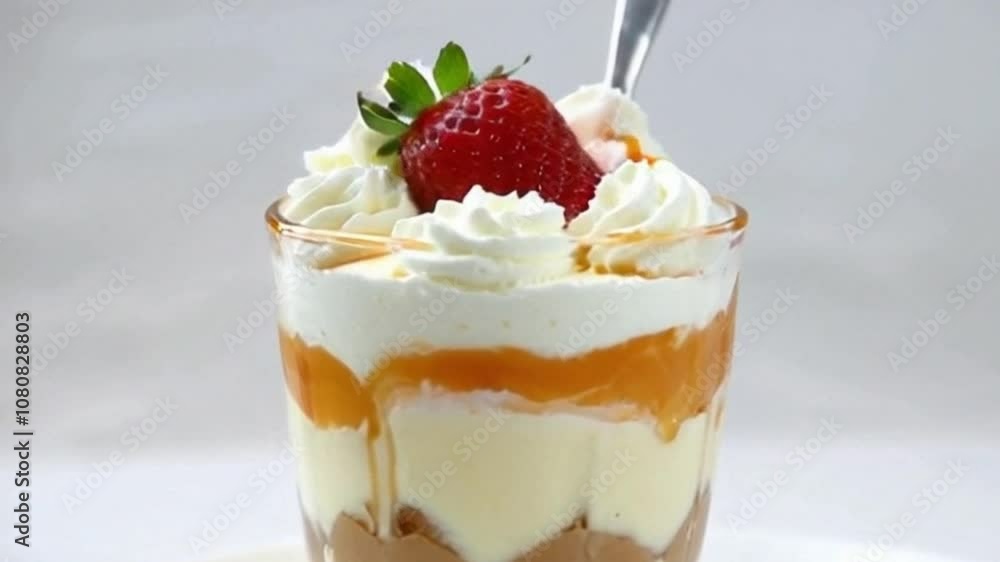 Cinematic 4K Side-Angle Shot of Layered Dessert in Glass with Caramel, Whipped Cream, and Fresh Strawberry Cinematic 4K Side-Angle Shot of Layered Dessert in Glass with Caramel, Whipped Cream, and Fresh Strawberry