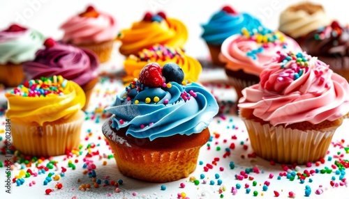 bright colorful apetite cakes with whipped cream and sprinkles on a white background photo