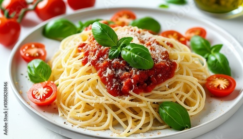 navy pasta with tomato sauce and green basil leaf, in a white plate, on a white background